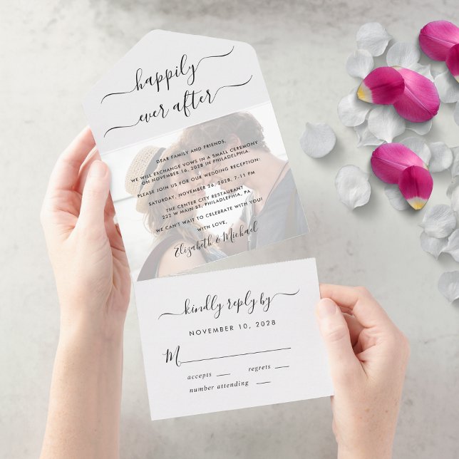 Invitación Todo En Uno Foto de recepción de boda Felices para siempre (Our user-friendly template allows you to easily upload your photo and create your perfect invitation)