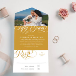 Invitación Todo En Uno Foto de remolinos dorados y blancos Aniversario de