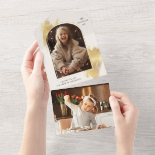 Invitación Todo En Uno Foto de vacaciones con florituras de Glam Gold y a