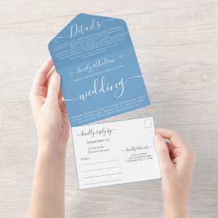 Invitación Todo En Uno Foto en Back Simple Modern Tranquil Boda Azul