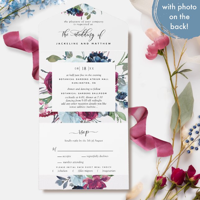 Invitación Todo En Uno Foto Floral Berry Blue Burgundy Boda RSVP (Subido por el creador)