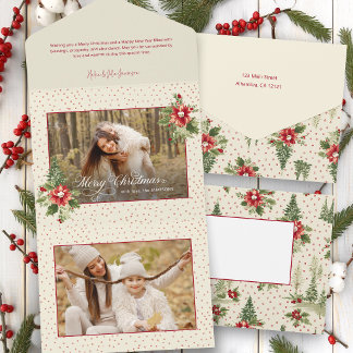 Invitación Todo En Uno Foto floral navideña retro vintage colorida y llam