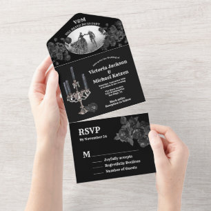 Invitación Todo En Uno Foto gótica de Boda floral negro, todo en una sola