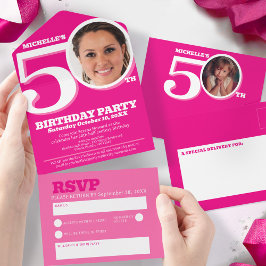 Invitación Todo En Uno Foto gráfica rosa en el cumpleaños número 50.