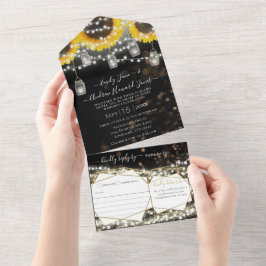 Invitación Todo En Uno Foto Mason Jar Sunflower Amarillo y Boda de oro