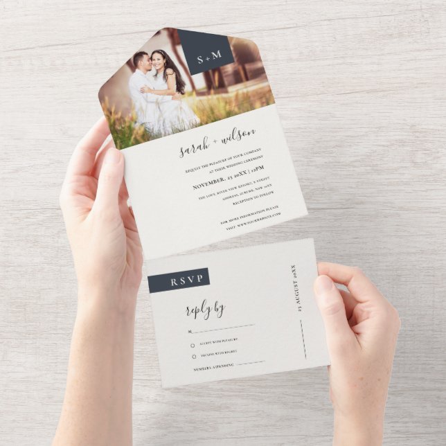 INVITACIÓN TODO EN UNO FOTO MÍNIMA DEL BODA DE MONOGRAMAS BLANCOS NEGROS  (desgarro)