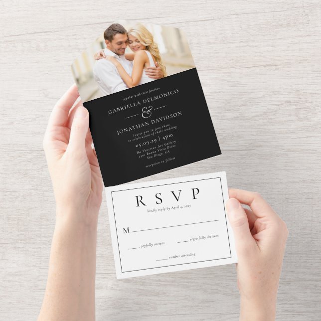Invitación Todo En Uno Foto moderna Boda blanca negra RSVP (desgarro)