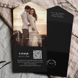 Invitación Todo En Uno Foto moderna Código QR Boda negro