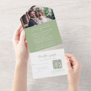 Invitación Todo En Uno Foto moderna de Boho RSVP Código QR Boda verde sab
