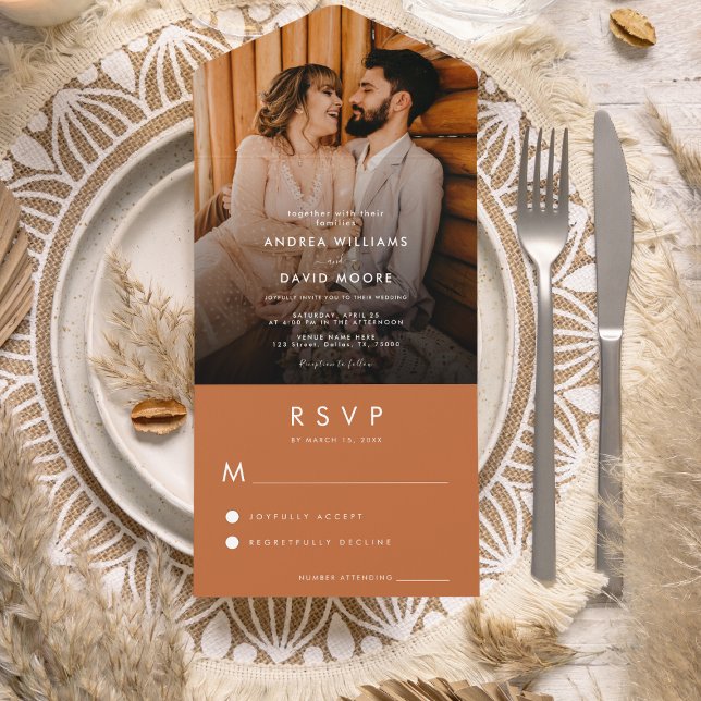Invitación Todo En Uno Foto moderna desaparecida Terracota simple Boda RS (Subido por el creador)