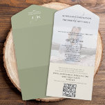Invitación Todo En Uno Foto moderna Minimalista Sage verde Código QR RSVP<br><div class="desc">Este diseño presenta un moderno código QR con un presupuesto fotográfico, con un superpuesto transparente de imagen clara, un rsvp a través de la URL en línea del sitio web, un color verde claro de salvia botánica, un boda romántico en el jardín de verano de primavera, una caligrafía verde sabia,...</div>