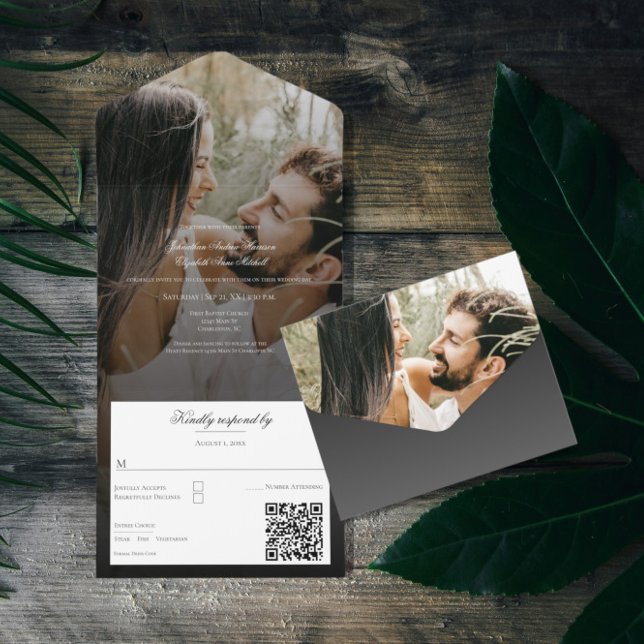 Invitación Todo En Uno Foto moderna y Boda negro superpuesto (Modern Photo and Black Overlay All in One Wedding Invitation)