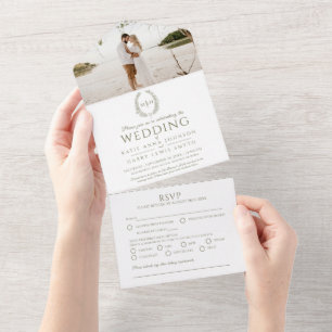 Invitación Todo En Uno Foto monograma de hoja oval blanca verde oliva bod