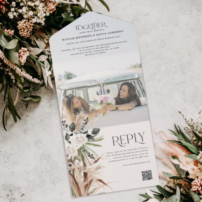 Invitación Todo En Uno Foto presupuestaria pampas eucalipto boda código Q (Subido por el creador)