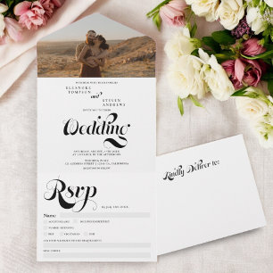 Invitación Todo En Uno Foto retro escritura blanca negra elegante boda