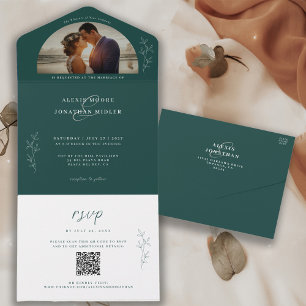 Invitación Todo En Uno Foto romántica de Moody Emerald Green Boda