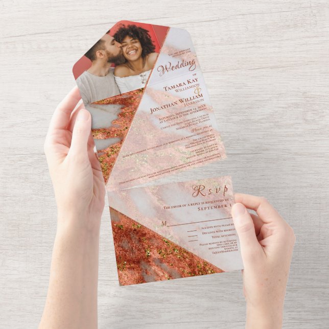 Invitación Todo En Uno Foto Terracotta Copper Marble Geométrico Elegante (desgarro)