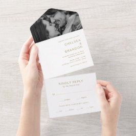 Invitación Todo En Uno Fotografía de Monograma de Oro Boda Moderna