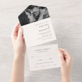 Invitación Todo En Uno Fotografía de Monograma Neutral Boda Moderna