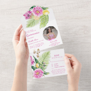 Invitación Todo En Uno Fotografía de Quinceañera con Peonías Rosadas Flor