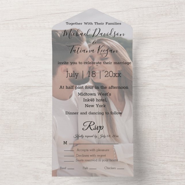 Invitación Todo En Uno fotografía moderna de boda caligráfico (Interior)