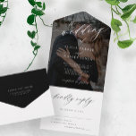 Invitación Todo En Uno Fotografía moderna en blanco y negro, sencilla y e<br><div class="desc">Elegante foto de moda, todo en una invitación a la boda con RSVP mostrando "el boda de" texto blanco en escritura a mano de moda caligrafía sobre un overlay negro transparente. Personalízalo con tu foto y texto. Esta invitación de boda intemporal es adecuada para ceremonias y recepciones de boda de...</div>