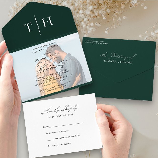 Invitación Todo En Uno Fotografía simple caligráfica Boda esmeralda RSVP (Subido por el creador)