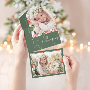 Invitación Todo En Uno Fotos con borde de cuadros navideños verde/rojo ch