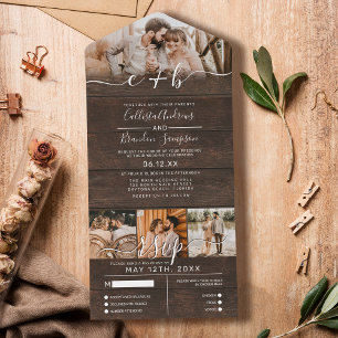 Invitación Todo En Uno Fotos rusticas de madera en monograma RSVP Boda
