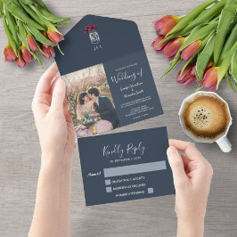 Invitación Todo En Uno Frasco de albañil ruso monograma foto Boda azul