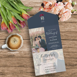 Invitación Todo En Uno Frasco de albañil ruso monograma foto Boda azul