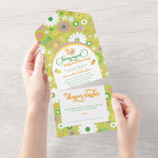 Invitación Todo En Uno Fresa Baby Shower Y Diaper Raffle (desgarro)