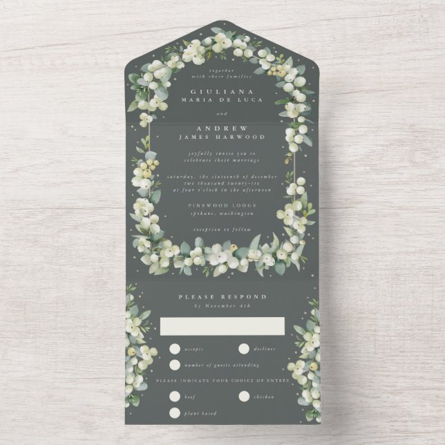 Invitación Todo En Uno Fresa verde gris + Boda eucalipto (Interior)