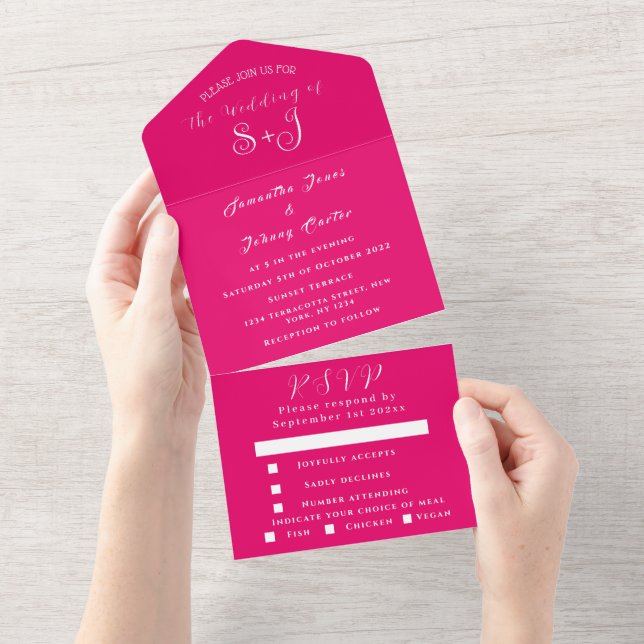 Invitación Todo En Uno Fuchsia RSVP simple Moda rosa caliente Boda de mod (desgarro)