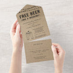 Invitación Todo En Uno Funny Free Beer Boda con RSVP y Registro Todo I<br><div class="desc">La cerveza gratis (¡y un Boda!) Divertida redacción de invitación para un boda divertido. El arte de la tostada de cerveza está hecho a mano con un fondo de kraft maravillosamente rústico. También se obtiene la ventaja de que esta invitación es fácil y barata, ya que el formato incluye información...</div>