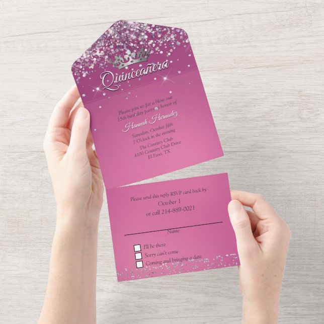 Invitación Todo En Uno Fushia y Purpurina Quinceañera   (desgarro)