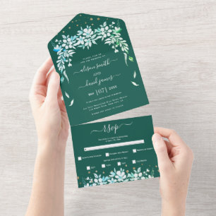Invitación Todo En Uno Garland floral blanca boda verde evergreen
