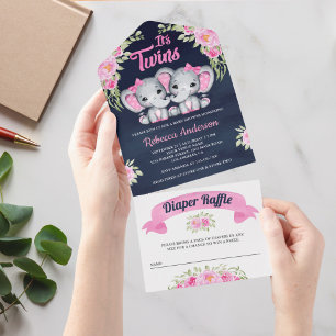 Invitación Todo En Uno Gemelas Flores rosadas Elefante Azul Marino Fiesta