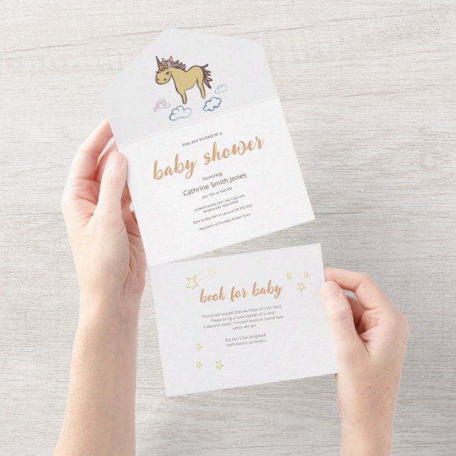Invitación Todo En Uno Género neutro de Baby Shower de Unicorn (desgarro)