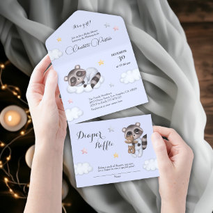 Invitación Todo En Uno Gentle Baby Boy Raccoon Blue Baby Shower