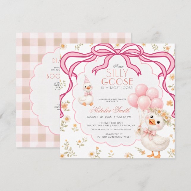 Invitación Todo en Uno Gingham de Ganso Tonto para Baby Showe (Anverso / Reverso)