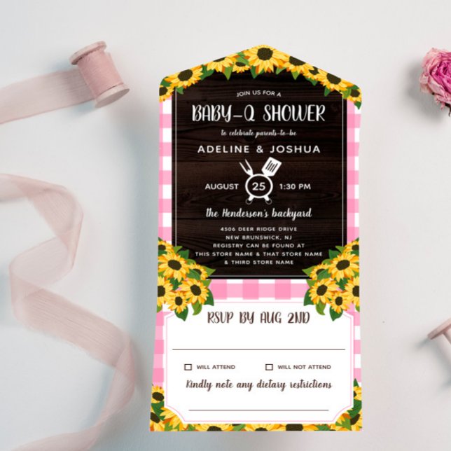 Invitación Todo En Uno Gingham Rústica Sunflowers Baby-Q Shower (Subido por el creador)