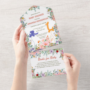 Invitación Todo En Uno Giraffe de elefante lindo globo ducha de bebé flor