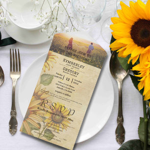 Invitación Todo En Uno Girasol de estilo vintage en foto amarilla y crema