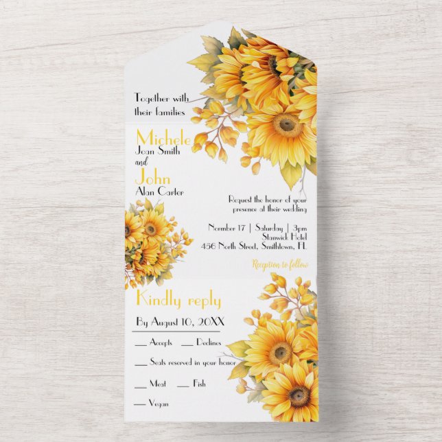 Invitación Todo En Uno Girasol ruso, boda amarillo (Interior)