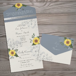 Invitación Todo En Uno Girasol Rústico y Boda Azul Polvoriento