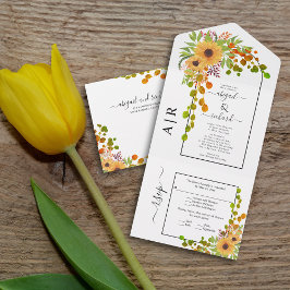 Invitación Todo En Uno girasoles amarillos, arco e iniciales casan