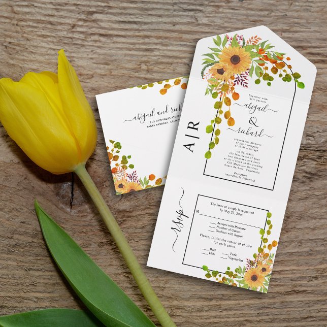 Invitación Todo En Uno girasoles amarillos, arco e iniciales casan (Subido por el creador)