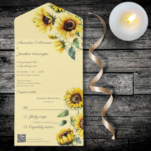 Invitación Todo En Uno Girasoles rusos sobre oro pálido con código QR