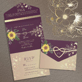 Invitación Todo En Uno Girasoles Rústico Elegante Boda Púrpura